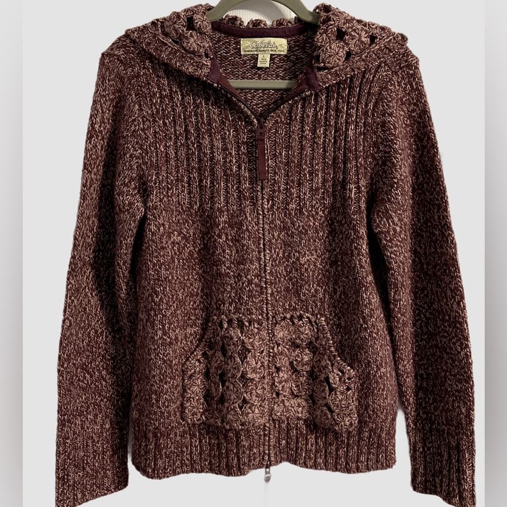 Cabela’s‎ Crocheted Marled Purple Hooded Zip Cardigan Sweater Pockets Size Large
